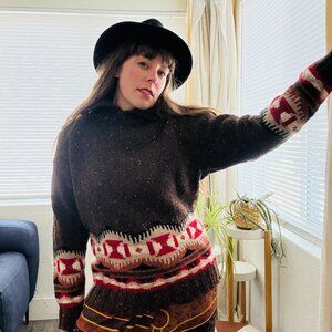 Vintage 90s Brown Wool Cashmere Cowichan Southwestern Aztec Sweater S/M Petite